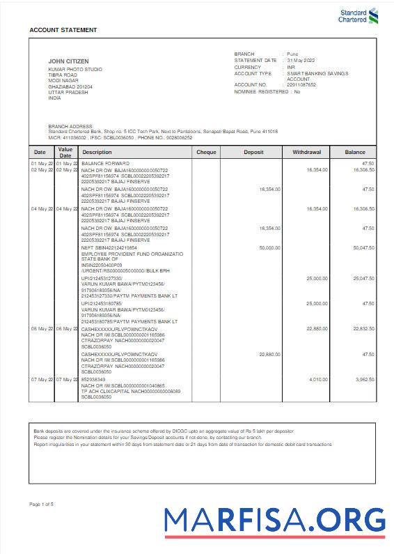 Downloadable India Standard Chartered bank statement word download for verification